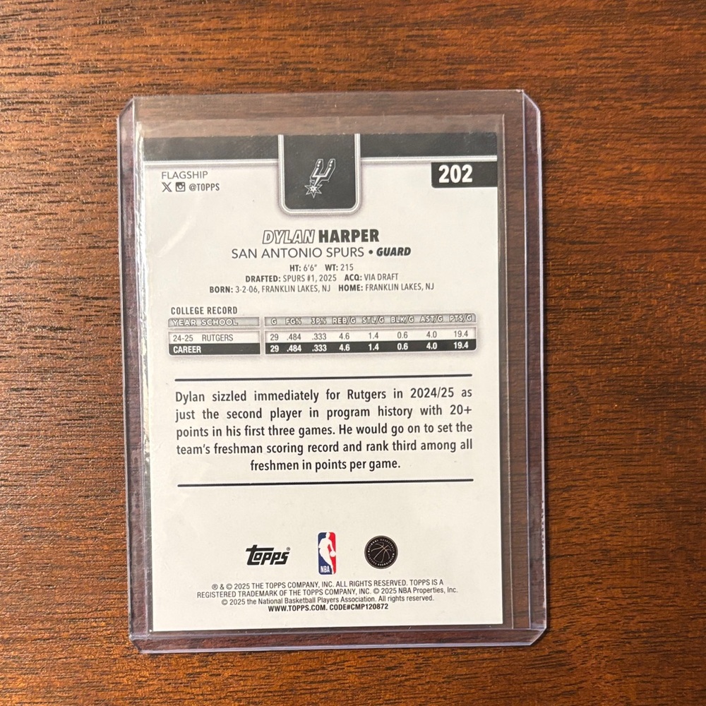 Dylan Harper 2025 Topps Base Rookie Card #202 - Picture 2 of 2